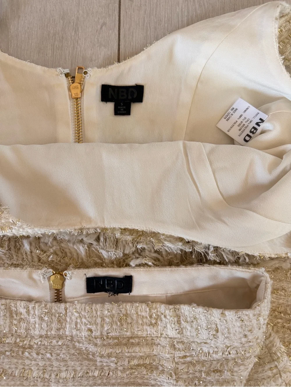 NBD Cream Fringed Sequin Knit Skirt Set